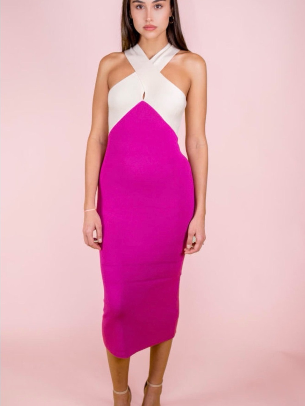 Lush Cream and Fuchsia Crisscross Knit Halter Midi Dress - Picture 2 of 14